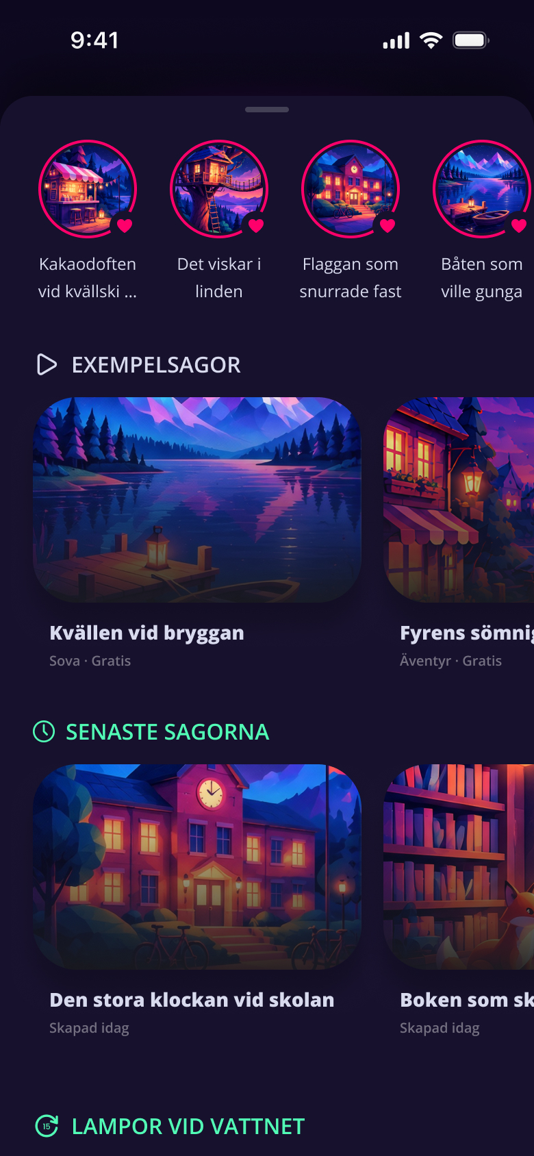 Home, scrolled: favourites, example stories and recent ones